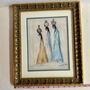 Vtg.De Grazia -Water Maiden signed lithograph print in ornate carved wood frame.